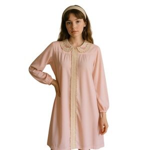 VINTAGE Baby Pink Nylon House Dress Peter Pan Lace Collar Floral Embroidery